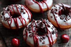 Black Forest doughnuts, cocoa, maraschino cherries, chocolate chips, baked doughnuts, dessert, sweet treats