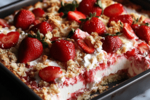 Strawberry cheesecake dump cake, easy strawberry cake, cheesecake dump cake, summer dessert, fruit dump cake