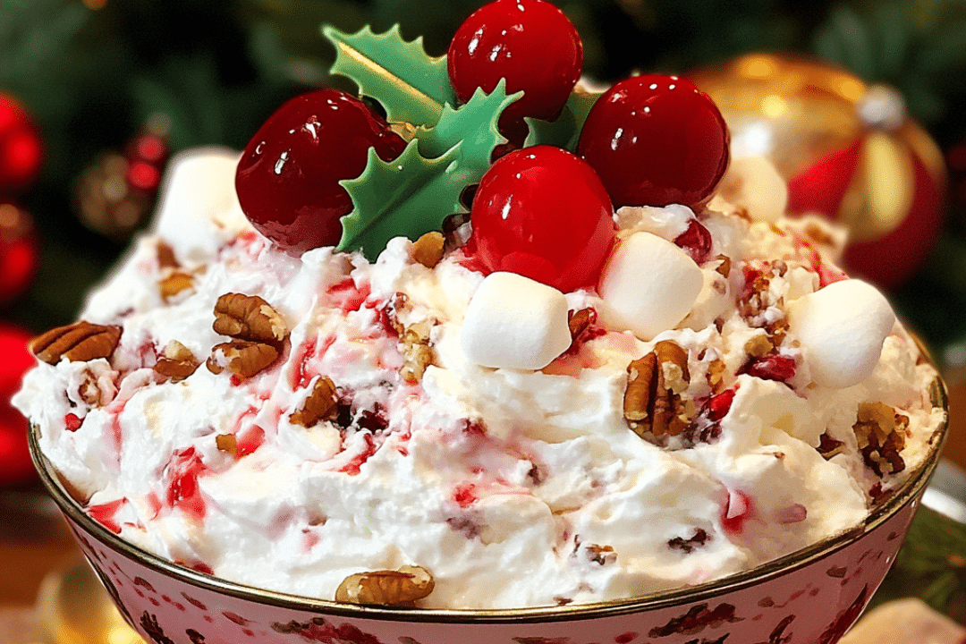 Christmas Fluff, Cherry Fluff, Holiday Dessert, Easy Christmas Dessert, Creamy Fruit Salad, No-Bake Dessert