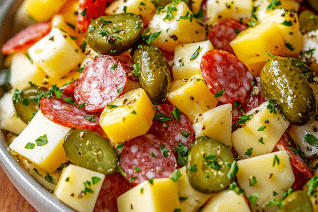 marinated cheese, appetizer, salami, pickles, easy appetizer, cheese platter, savory snack