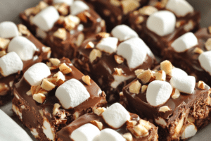 chocolate treats, marshmallow, chewy bars, no-bake dessert, graham cracker crumbs, easy chocolate dessert