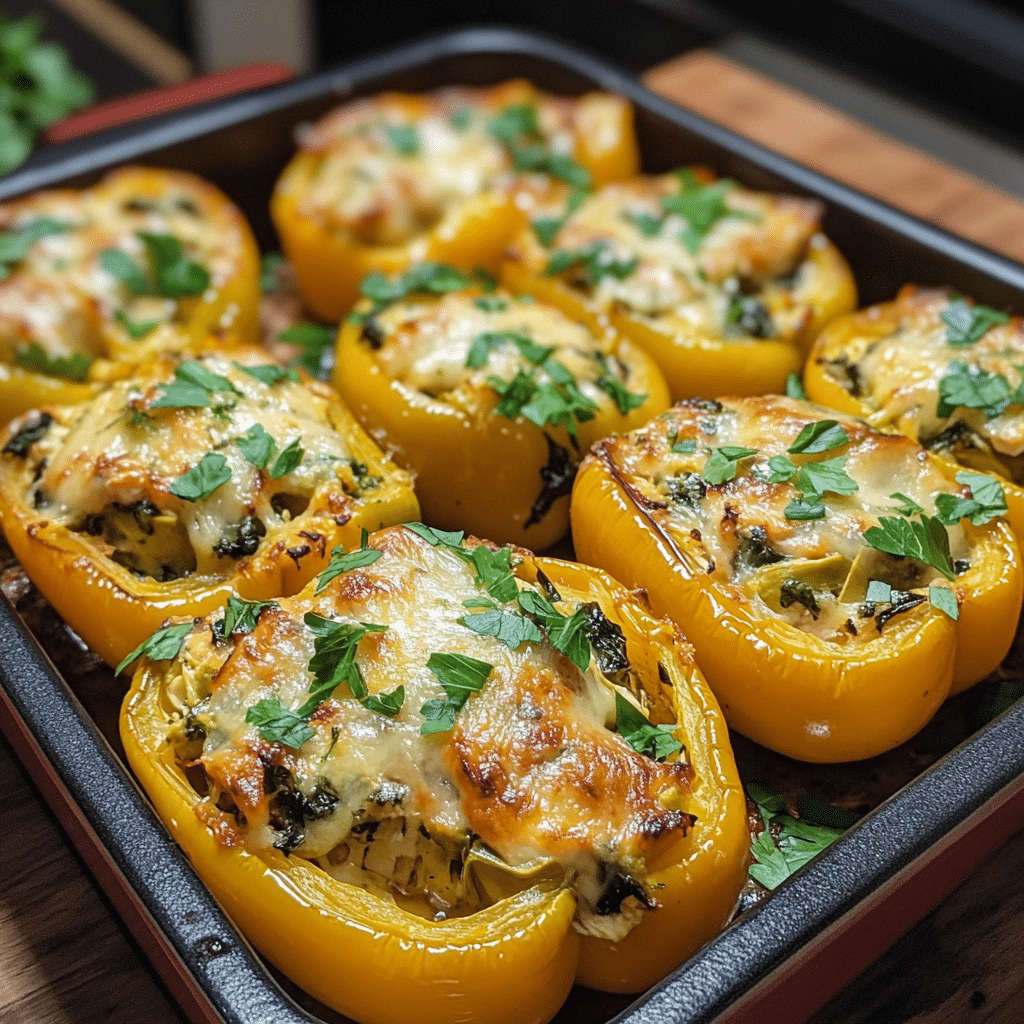 Stuffed peppers, chicken stuffed peppers, spinach artichoke, healthy stuffed peppers