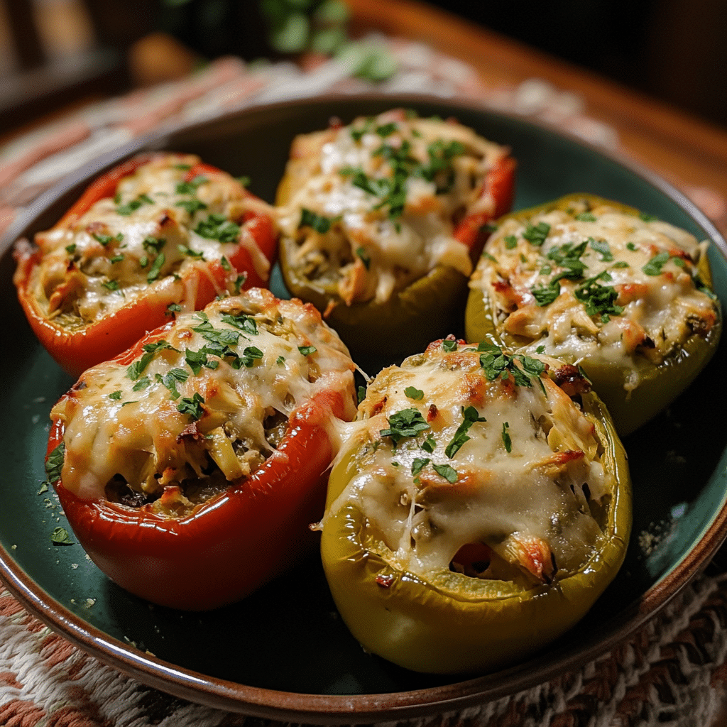 Stuffed peppers, chicken stuffed peppers, spinach artichoke, healthy stuffed peppers