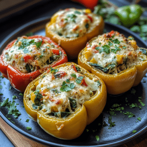 Stuffed peppers, chicken stuffed peppers, spinach artichoke, healthy stuffed peppers