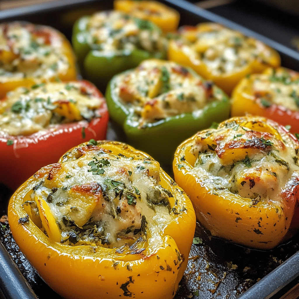 Stuffed peppers, chicken stuffed peppers, spinach artichoke, healthy stuffed peppers