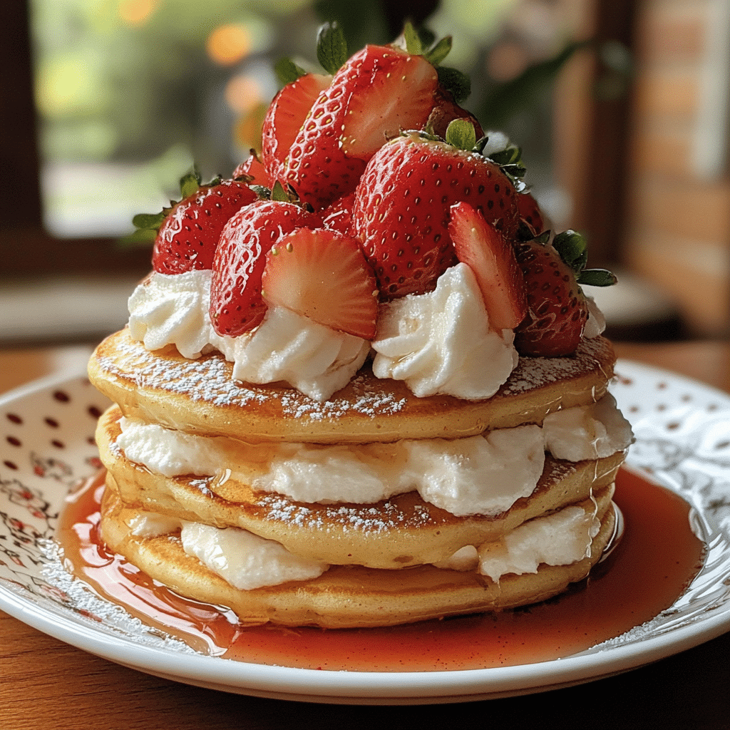 Pancake, strawberry shortcake pancakes, pancakes with strawberries, breakfast pancakes, whipped cream pancakes, fluffy pancakes, homemade pancakes