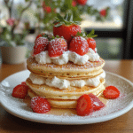 Pancake, strawberry shortcake pancakes, pancakes with strawberries, breakfast pancakes, whipped cream pancakes, fluffy pancakes, homemade pancakes