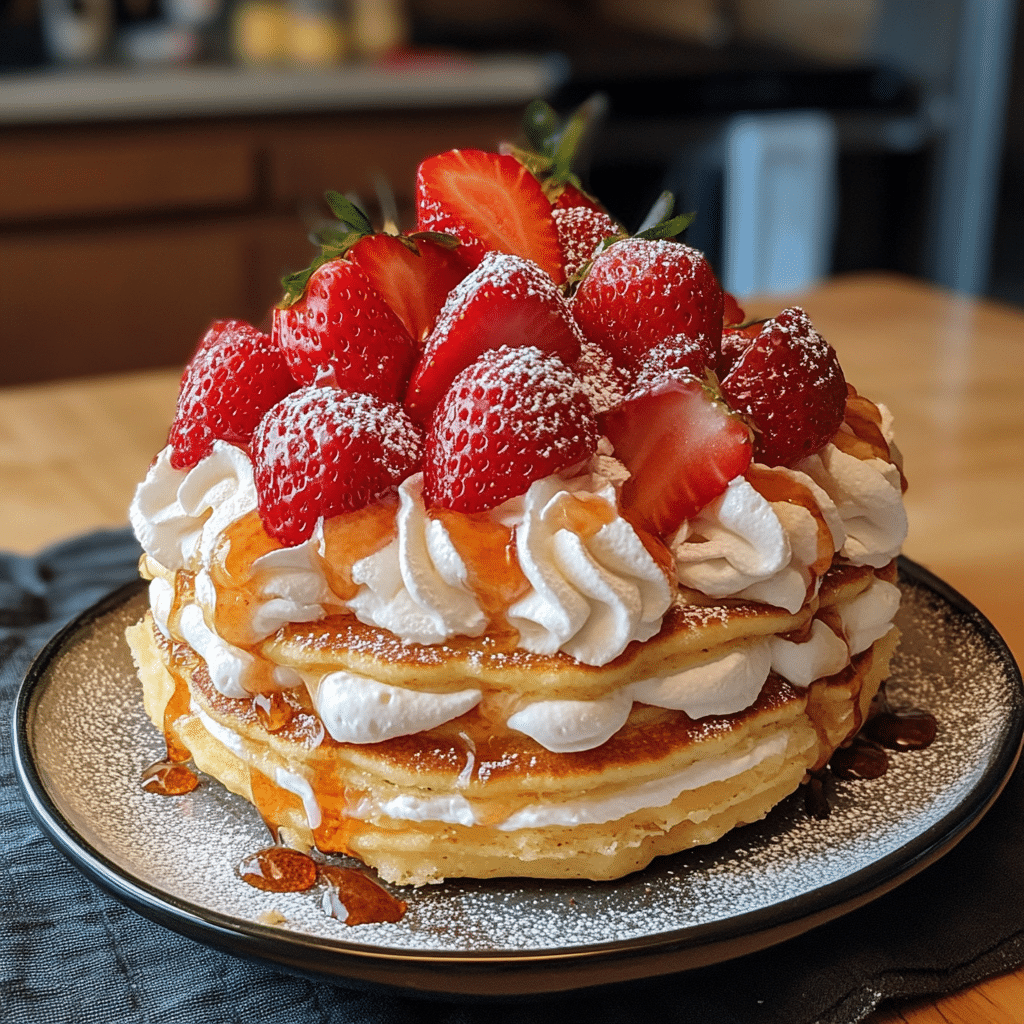 Pancake, strawberry shortcake pancakes, pancakes with strawberries, breakfast pancakes, whipped cream pancakes, fluffy pancakes, homemade pancakes