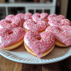 Strawberry Sprinkle Donut Hearts Totally Dye Free! Strawberry Sprinkle Donut Strawberry Donuts, Donut Hearts, Dye-Free Donuts, Strawberry Glazed Donuts, Homemade Donuts