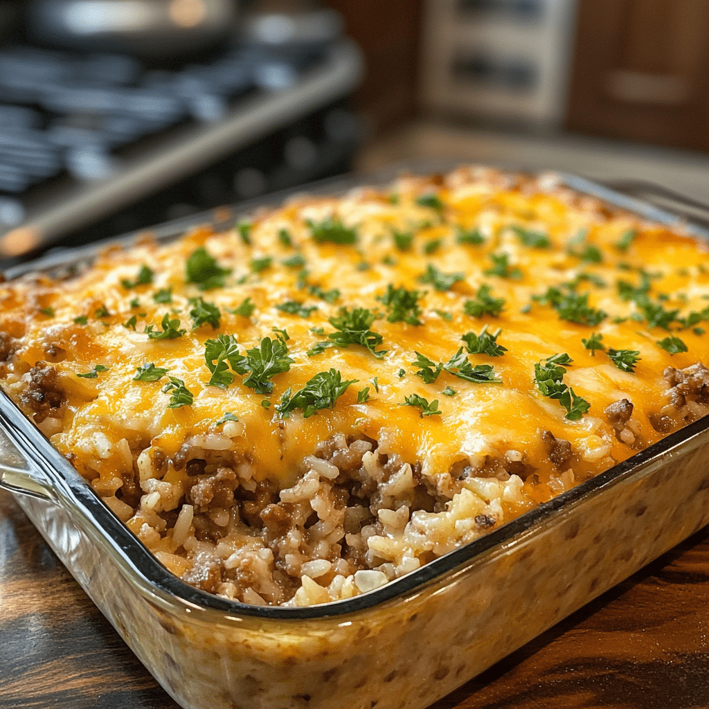 cheesy hamburger casserole, hamburger rice casserole, ground beef casserole, easy casserole, cheesy rice dish, comfort food casserole