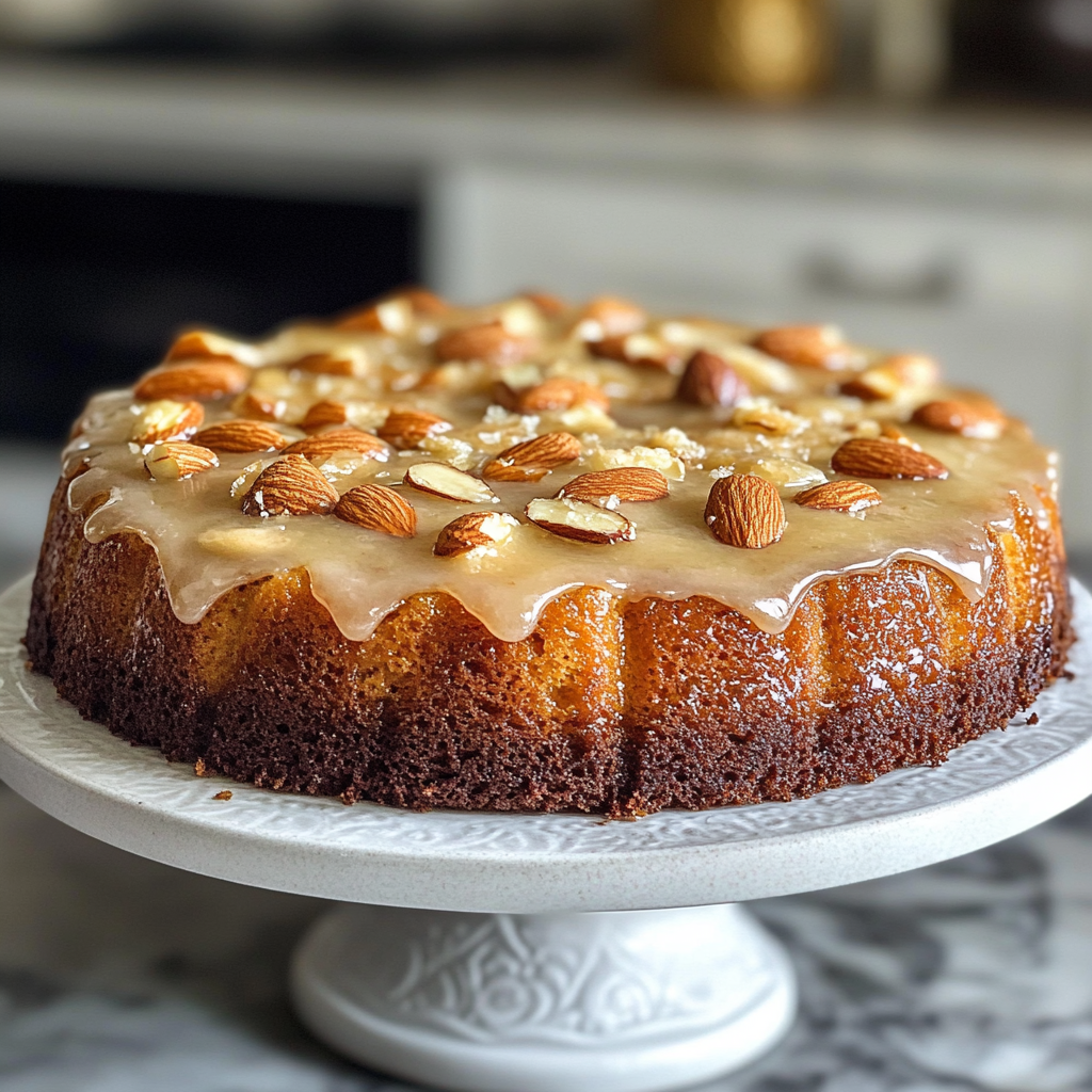 Almond cake, amaretto glaze, almond dessert, cake with liqueur, almond flour cake, nut cake