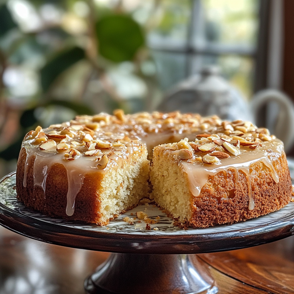 Almond cake, amaretto glaze, almond dessert, cake with liqueur, almond flour cake, nut cake