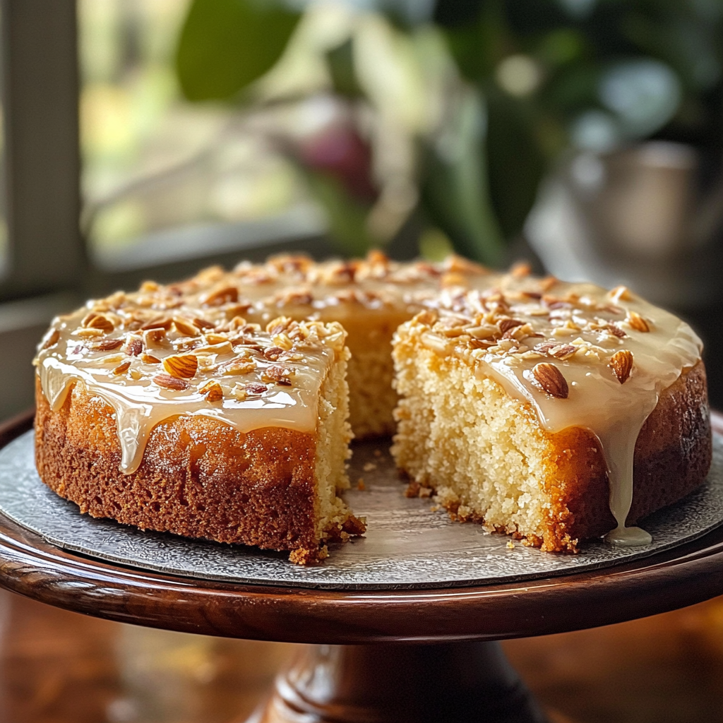 Almond cake, amaretto glaze, almond dessert, cake with liqueur, almond flour cake, nut cake